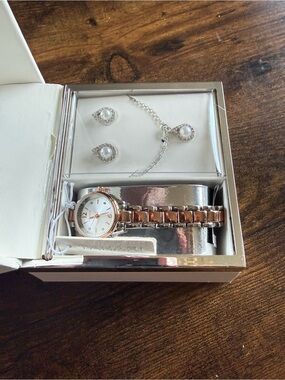 Tahari Rose Gold and Silver Bracelet Watch with Pearl Pendant & Earrings Set